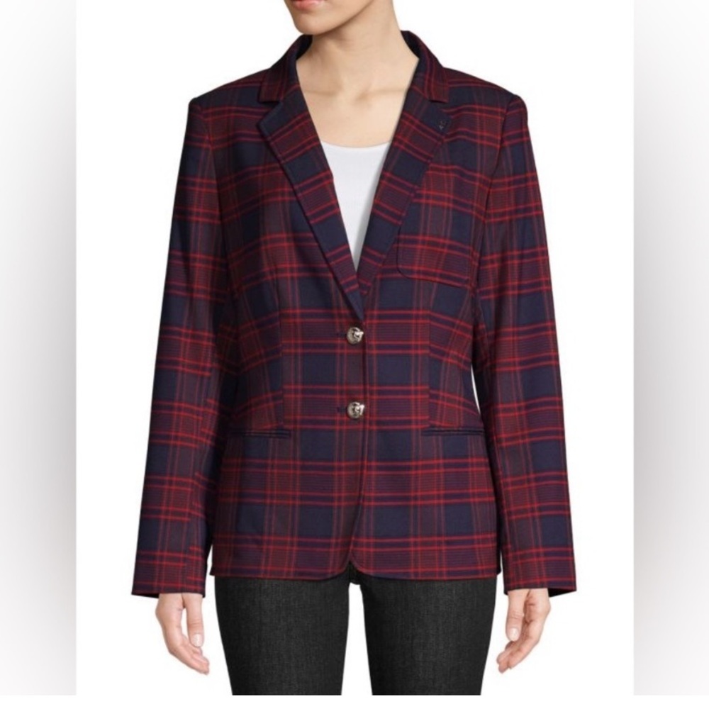 Tommy Hilfiger Navy & Red Plaid Tailored Blazer